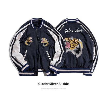 Retro two-sided wear Yokosuka men's coat with tiger embroidery in glacier silver and gold colors