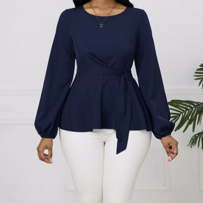 Women's Solid Color Round Neck Side Cinched Waist Tied Shirt Top