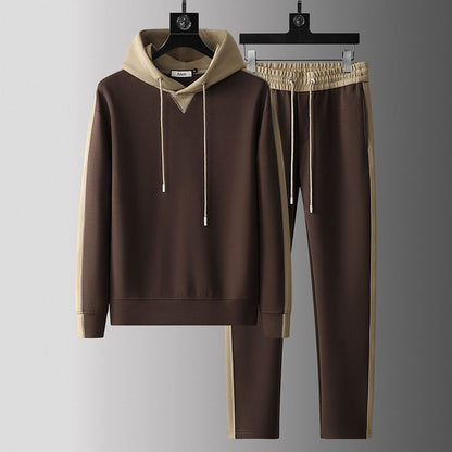 Men's patchwork hoodie and trousers suit in brown with beige accents, casual cotton polyester blend, long sleeve hoodie, elastic waist trousers, youth fashion spring and autumn wear
